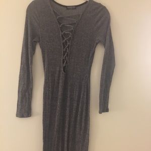 Lace up detail grey midi dress